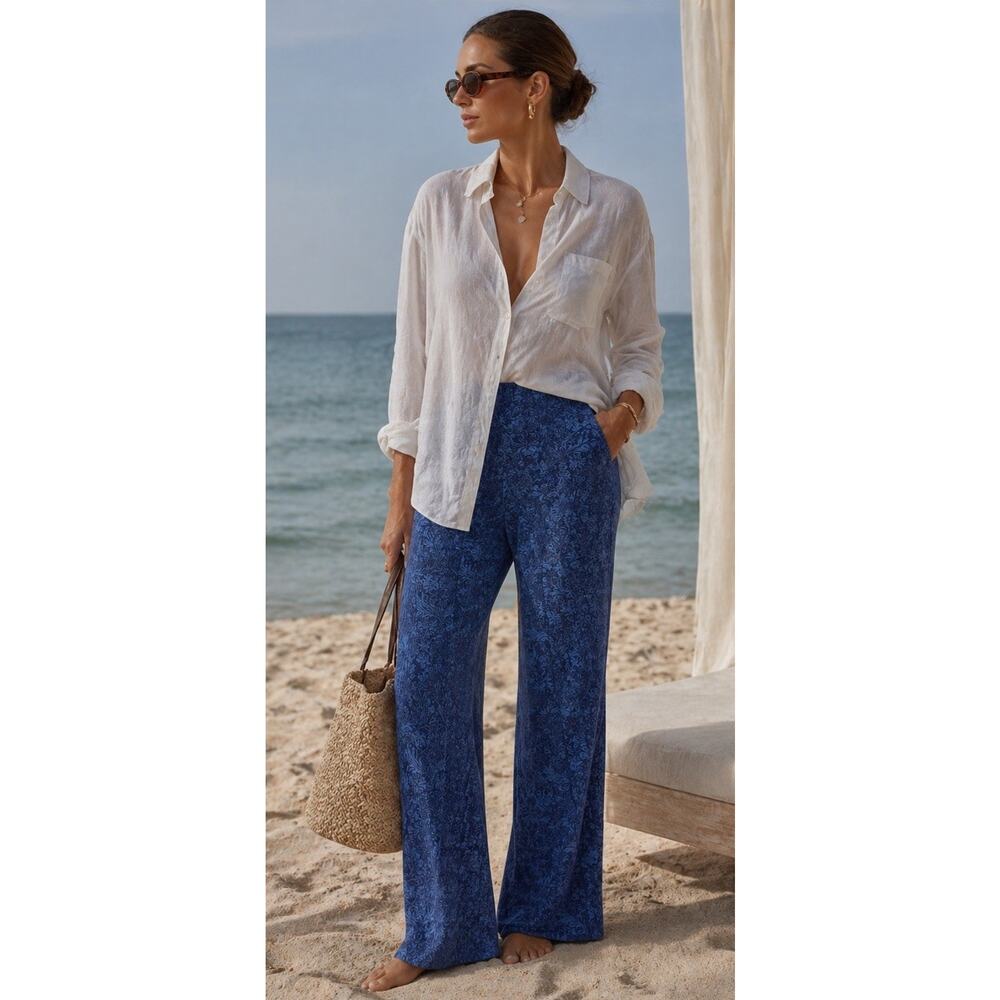 Women's Soft Surroundings Pull On Blue Floral Pant Stretch Comfort Size PM